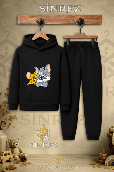 SİNREZ Children's Unisex Single Cat Mouse Hands in the Cloud Printed Hooded T...