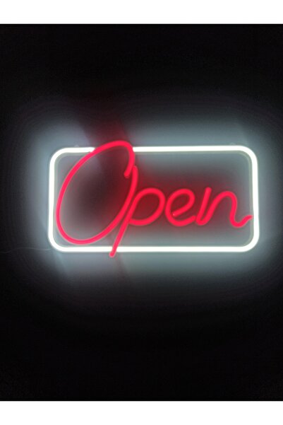 Open Yazılı Neon LED Işıklı Tabela | 35x20 cm Büyük Boy| Kırmızı Yazı & Beyaz Çerçeve | Tak Çalıştır
