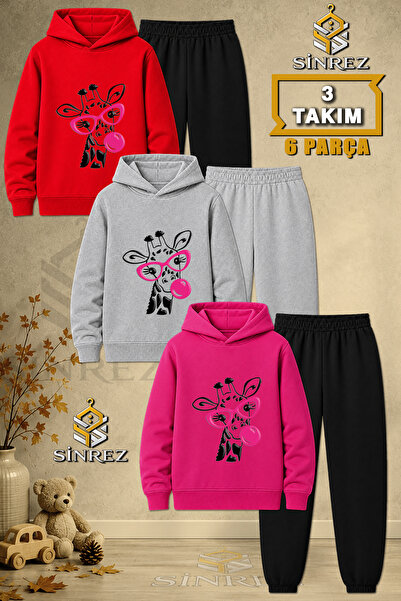 SİNREZ Children's Unisex 3Lu Zurafa Printed Hooded Tracksuit Set with Glasses...