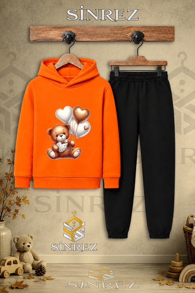 SİNREZ Children's Unisex Single Teddy Bear Heart Balloons Printed Hooded Trac...