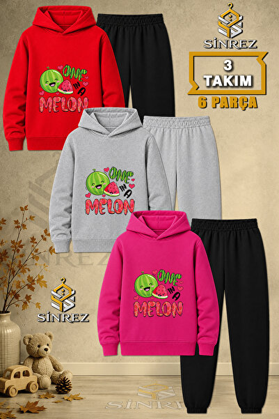 SİNREZ Children's Unisex 3Lu Watermelon One Melon Printed Hooded Tracksuit Set