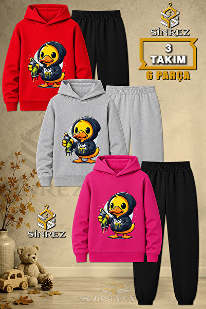 SİNREZ Children's Unisex 3Lu Ordek Duck Sari Buyuk Printed Hooded Tracksuit Set