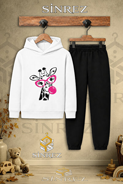 SİNREZ Children's Unisex Single Giraffe Printed Hooded Tracksuit Set with Gla...