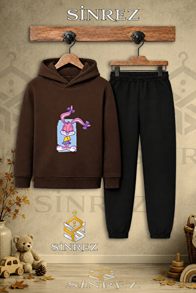 SİNREZ Children's Unisex Single Tavsan Girl's Blue Canvas Printed Hooded Trac...
