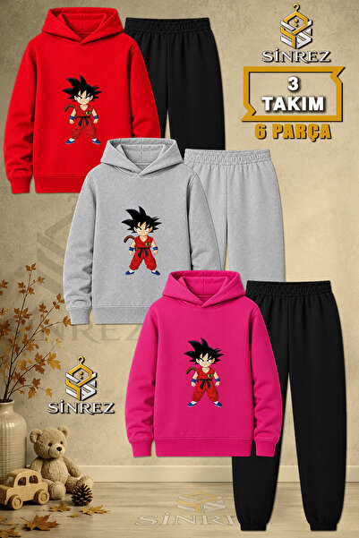 SİNREZ Children's Unisex 3Lu Goku Duz Standing Single Printed Hooded Tracksui...