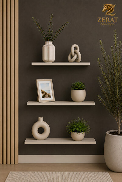 Zerat Concept 3’lü MDF Duvar Rafı Seti | 30-40-50 cm Dekoratif Gizli Raf(Ay T...
