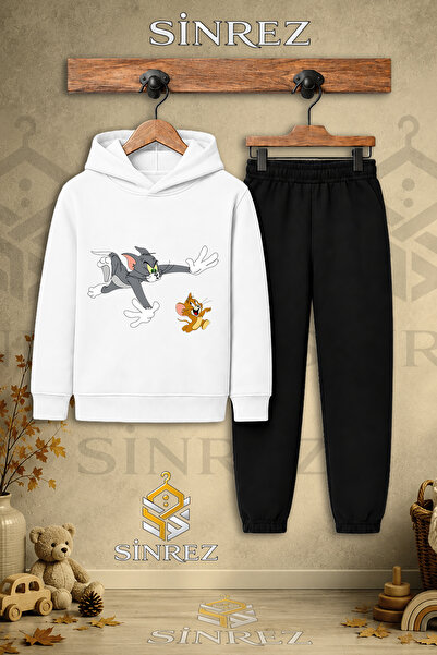 SİNREZ Children's Unisex Single Cat Mouse Chase Printed Hooded Tracksuit Set