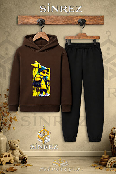 SİNREZ Children's Unisex Single Tavsan Sari Cantali Printed Hooded Tracksuit Set