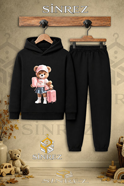 SİNREZ Children's Unisex Single Teddy Bear Printed Hooded Tracksuit Set with ...