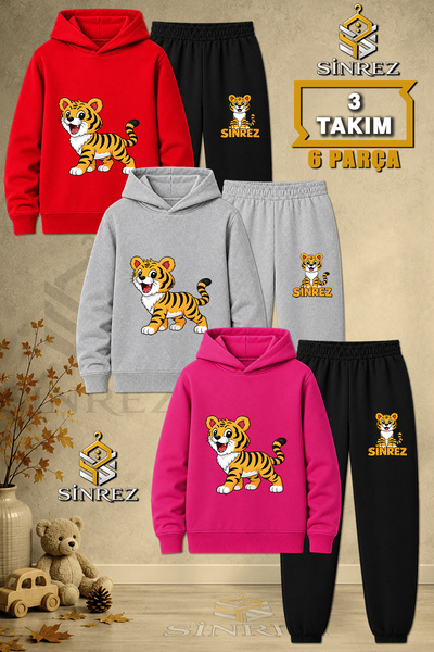 SİNREZ Children's Unisex 3Lu Tiger Standing Printed Hooded Tracksuit Set