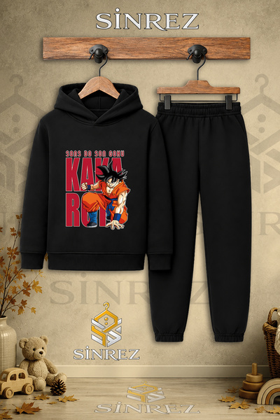 SİNREZ Children's Unisex Single Goku Hooded Tracksuit Set with Back Lettering...