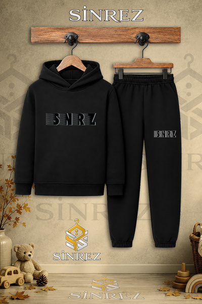 SİNREZ Children's Unisex Single Shade Black Text Printed Hooded Tracksuit Set