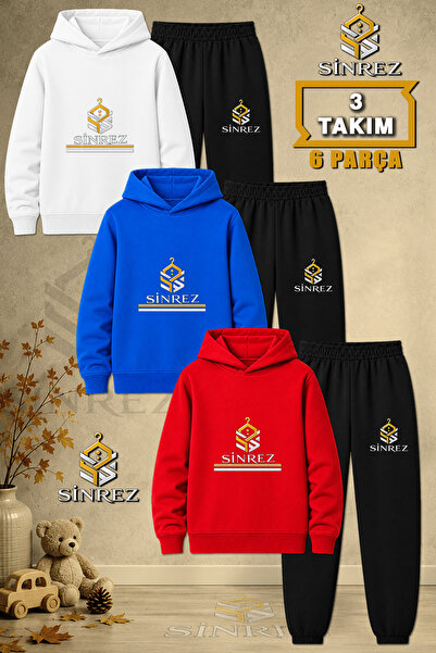 SİNREZ Children's Unisex 3Lu Logo Two-Line Printed Hooded Tracksuit Set