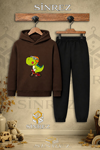 SİNREZ Children's Unisex Single Dino Green Bicycle Printed Hooded Tracksuit Set