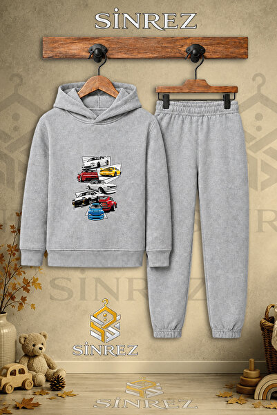 SİNREZ Children's Unisex Single Car Multi-Square Printed Hooded Tracksuit Set