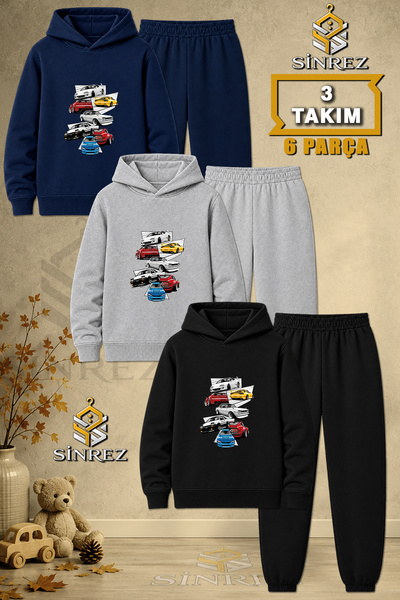 SİNREZ Children's Unisex 3Lu Car Printed Hooded Tracksuit Set in Multiple Squ...
