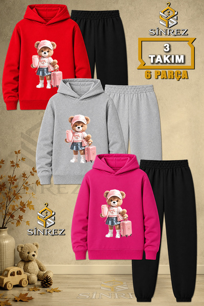 SİNREZ Children's Unisex 3Lu Teddy Bear Pink Printed Hooded Tracksuit Set wit...