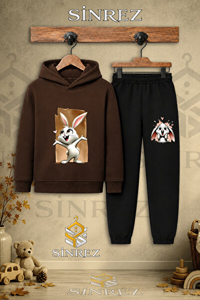 SİNREZ Children's Unisex Single Tavsan Canvas White Pink Printed Hooded Track...