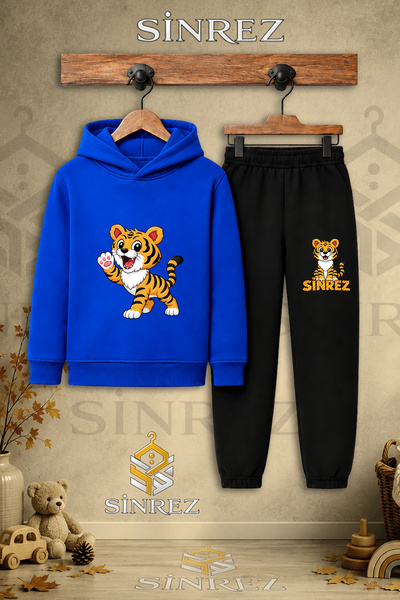 SİNREZ Children's Unisex Single Tiger Single Paw Air Printed Hooded Tracksuit...