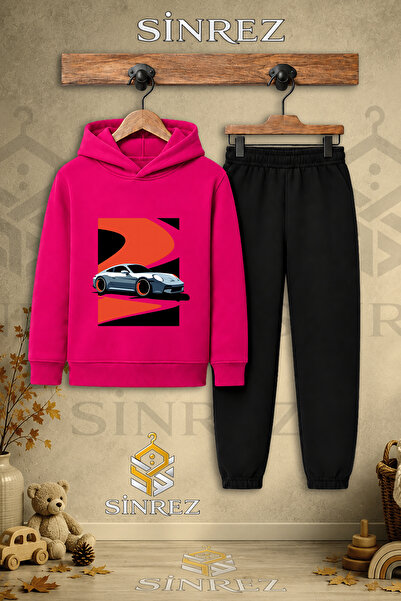 SİNREZ Children's Unisex Single Car Gray Red Black Canvas Printed Hooded Trac...