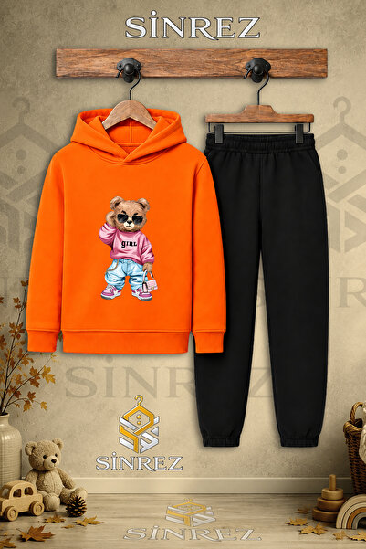 SİNREZ Children's Unisex Single Teddy Bear Pink Sweatshirt Girl Printed Hoode...
