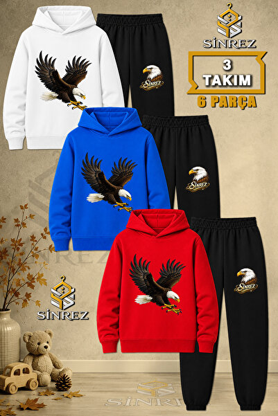 SİNREZ Children's Unisex 3Lu Eagle Colorful Attack Printed Hooded Tracksuit Set