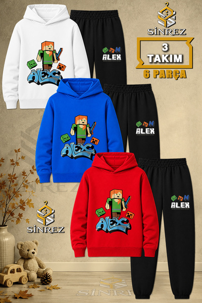 SİNREZ Children's Unisex 3Lu Alex Original Printed Hooded Tracksuit Set