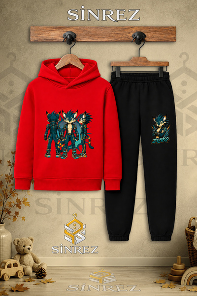 SİNREZ Children's Unisex Single Zenko Multi-Pose Printed Hooded Tracksuit Set