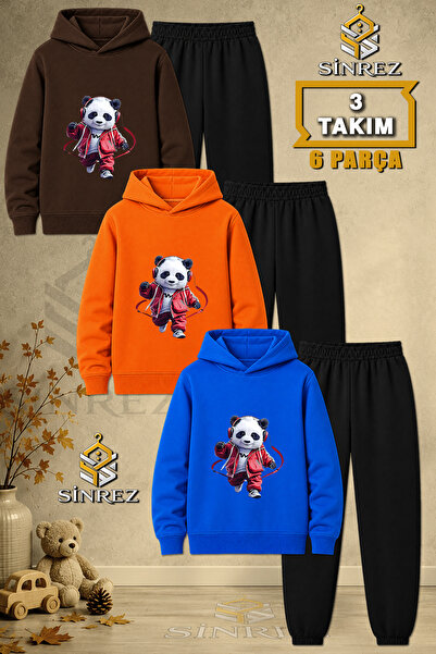 SİNREZ Children's Unisex 3Lu Panda Red Printed Hooded Tracksuit Set with Head...