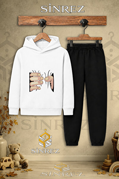 SİNREZ Children's Unisex Single-Handed Black Printed Hooded Tracksuit Set