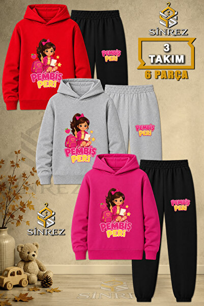 SİNREZ Children's Unisex 3Lu Pembis Peri School Printed Hooded Tracksuit Set