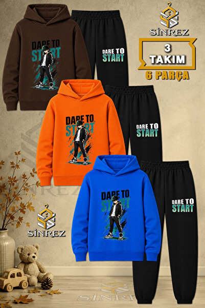 SİNREZ Children's Unisex 3Lu Dare to Hands in Pocket Printed Hooded Tracksuit...