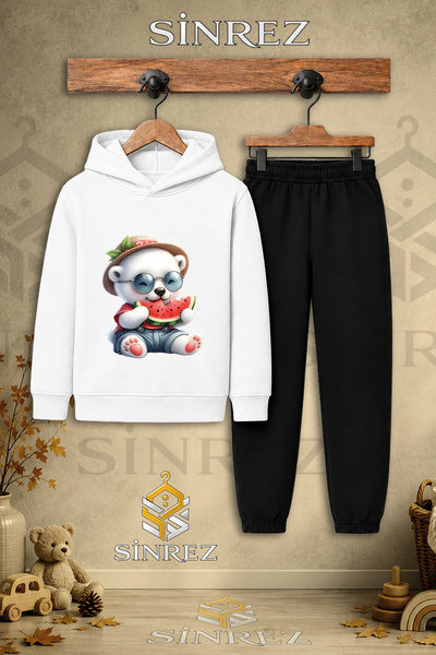 SİNREZ Children's Unisex Single Bear White Watermelon Eating Printed Hooded T...