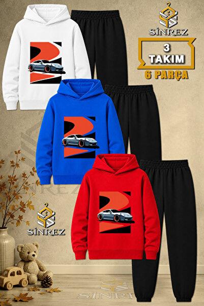 SİNREZ Children's Unisex 3Lu Car Gray Red Black Canvas Printed Hooded Tracksu...