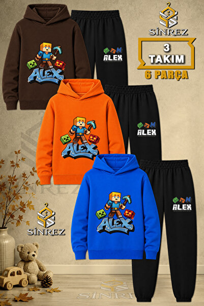 SİNREZ Children's Unisex 3Lu Alex Batlali Printed Hooded Tracksuit Set