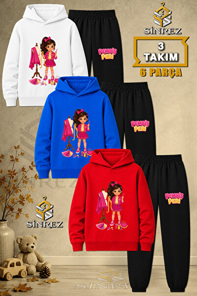 SİNREZ Children's Unisex 3Lu Pembis Peri Modelist Printed Hooded Tracksuit Set
