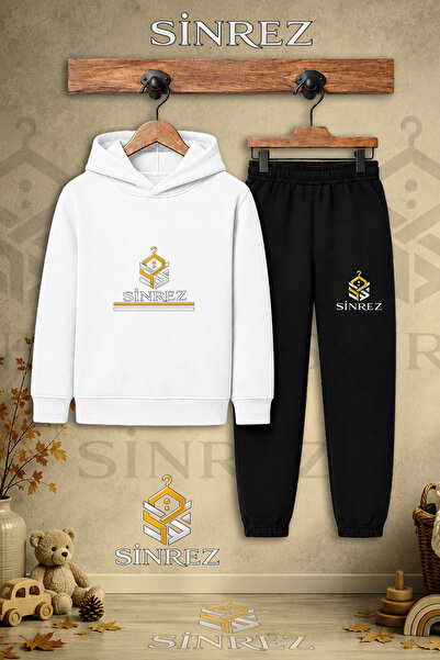 SİNREZ Children's Unisex Single Logo Two-Line Printed Hooded Tracksuit Set