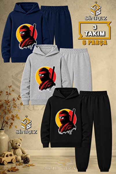 SİNREZ Children's Unisex 3Lu Ninja Masked Head Printed Hooded Tracksuit Set