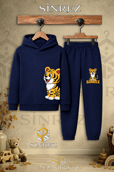 SİNREZ Children's Unisex Single Tiger Printed Hooded Tracksuit Set on the Lef...