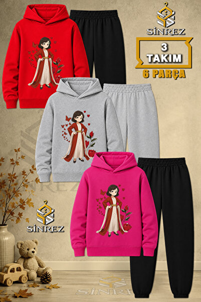 SİNREZ Children's Unisex 3Lu Jyn Anime Yoresel Printed Hooded Tracksuit Set