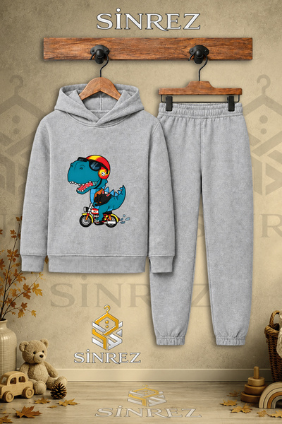 SİNREZ Children's Unisex Single Dino Biker Printed Hooded Tracksuit Set