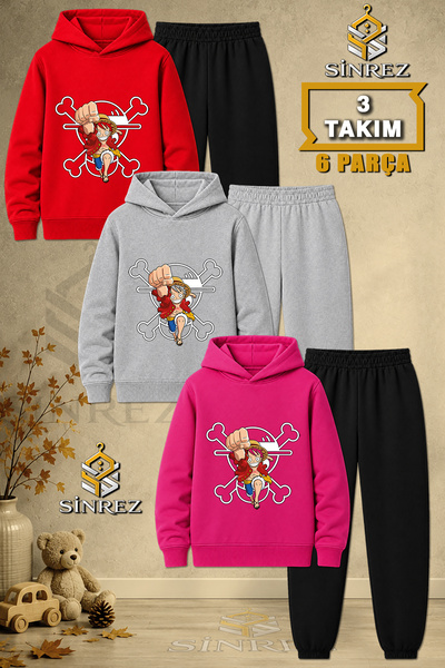 SİNREZ Children's Unisex 3Lu Samanadam Carpi Printed Hooded Tracksuit Set