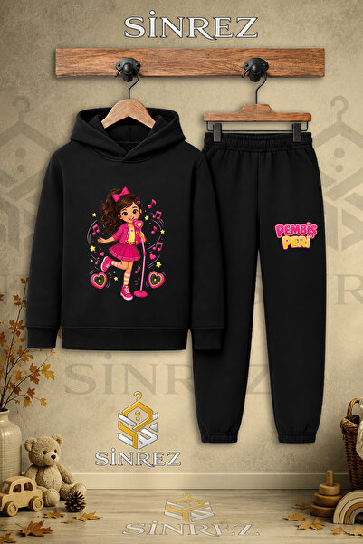 SİNREZ Children's Unisex Single Pink Fairy Singing Printed Hooded Tracksuit Set