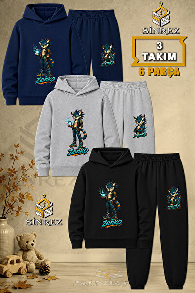 SİNREZ Children's Unisex 3Lu Zenko Elde Kure Printed Hooded Tracksuit Set
