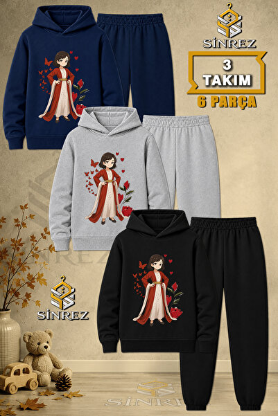 SİNREZ Children's Unisex 3Lu Jyn Anime Yoresel Printed Hooded Tracksuit Set