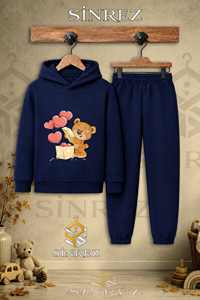 SİNREZ Children's Unisex Single Teddy Bear and Hearts Printed Hooded Tracksui...