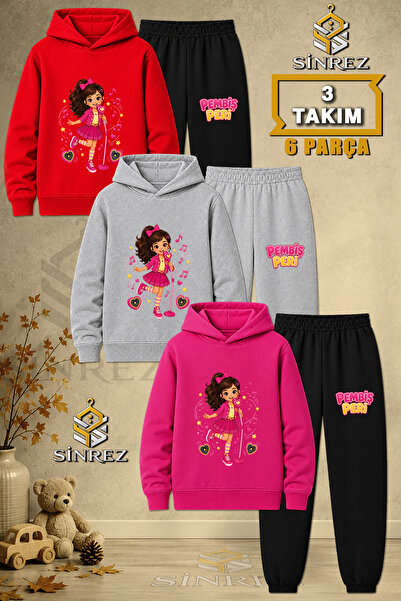 SİNREZ Children's Unisex 3Lu Pink Fairy Singing Printed Hooded Tracksuit Set
