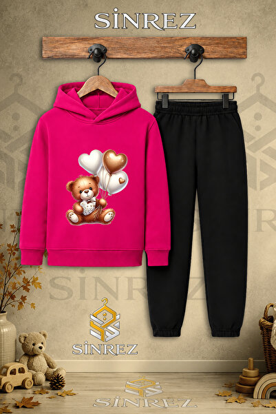 SİNREZ Children's Unisex Single Teddy Bear Heart Balloons Printed Hooded Trac...
