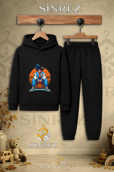 SİNREZ Children's Unisex Single Goku Trncu Circle Printed Hooded Tracksuit Set