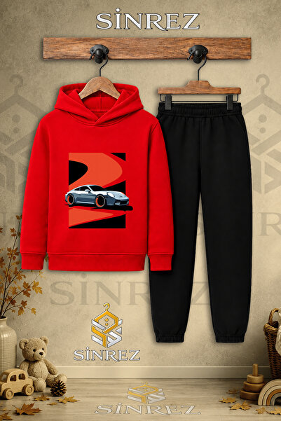SİNREZ Children's Unisex Single Car Gray Red Black Canvas Printed Hooded Trac...